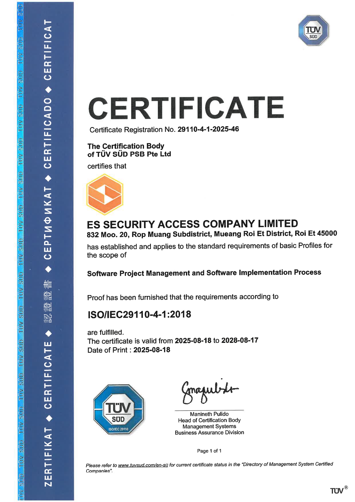 Certificate ISO 29110 OF ES SECURITY ACCESS